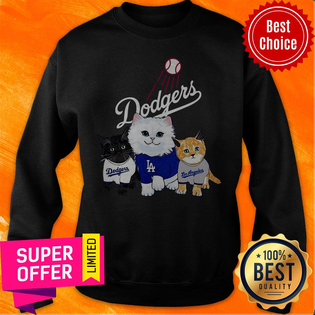Funny Three Cat Black White And Yellow Los Angeles Dodgers Shirt - Image 3