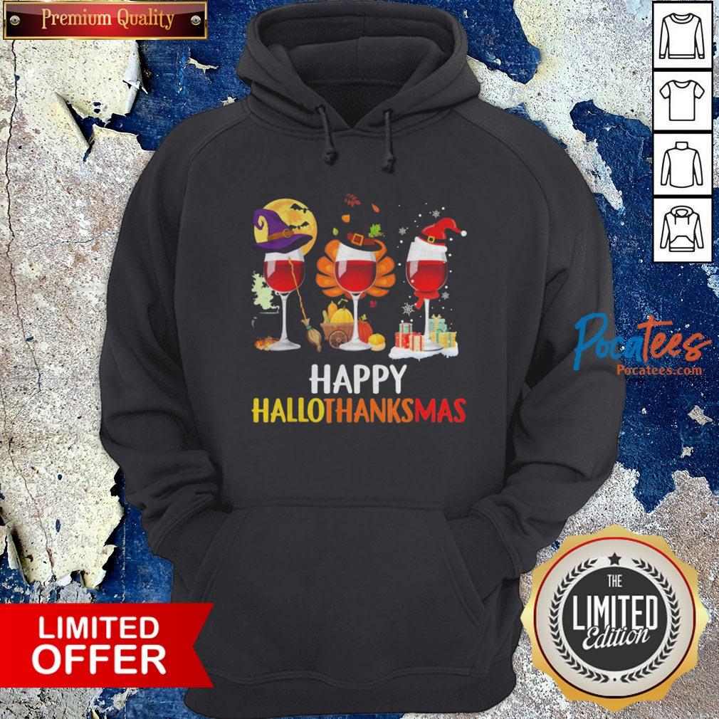 Wine Halloween Thanksgiving Christmas Happy Hallothanksmas Shirt - Image 5