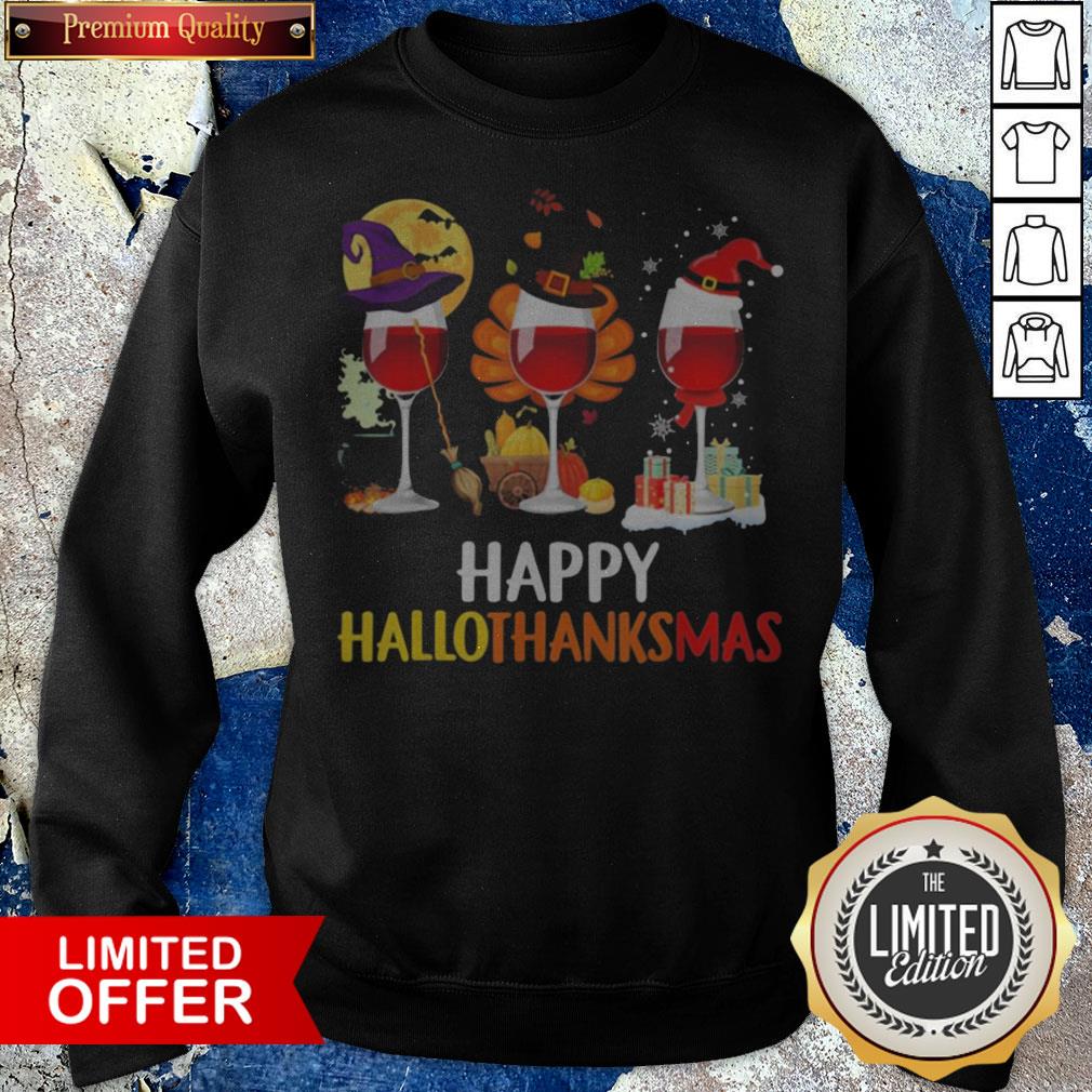 Wine Halloween Thanksgiving Christmas Happy Hallothanksmas Shirt - Image 4