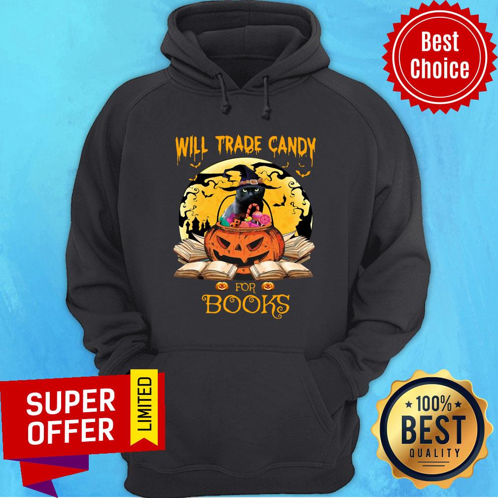 Halloween Cat Witch Will Trade Candy For Books Moon Shirt - Image 2