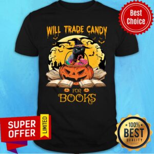 Halloween Cat Witch Will Trade Candy For Books Moon Shirt