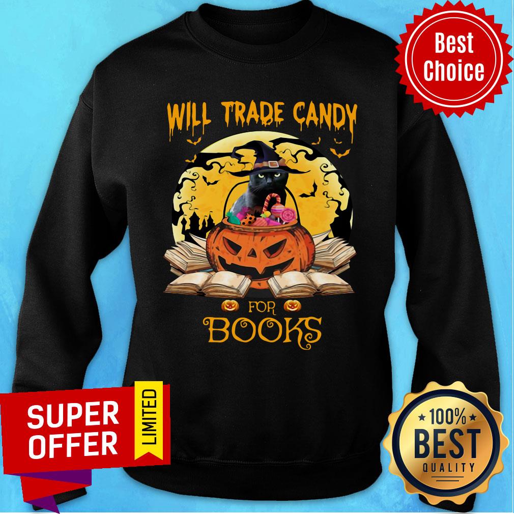 Halloween Cat Witch Will Trade Candy For Books Moon Shirt - Image 5