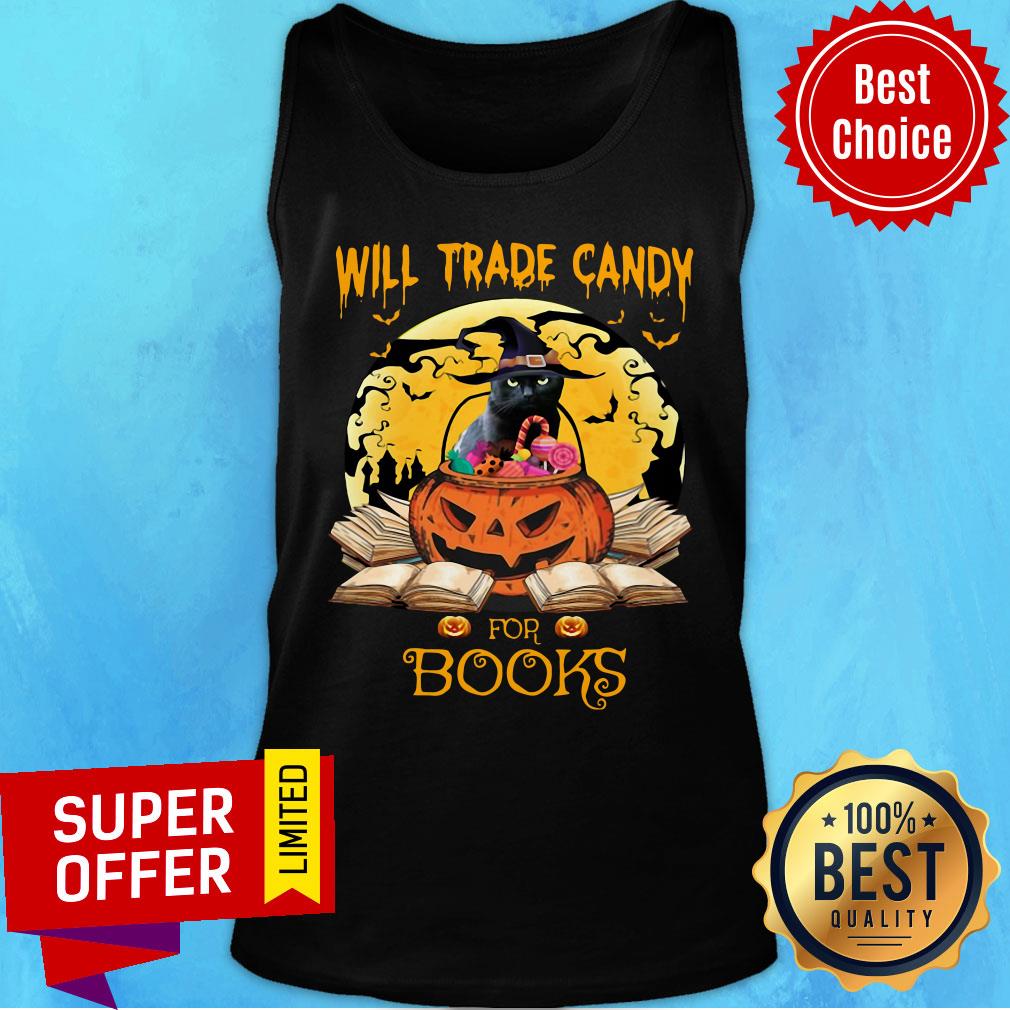 Halloween Cat Witch Will Trade Candy For Books Moon Shirt - Image 4