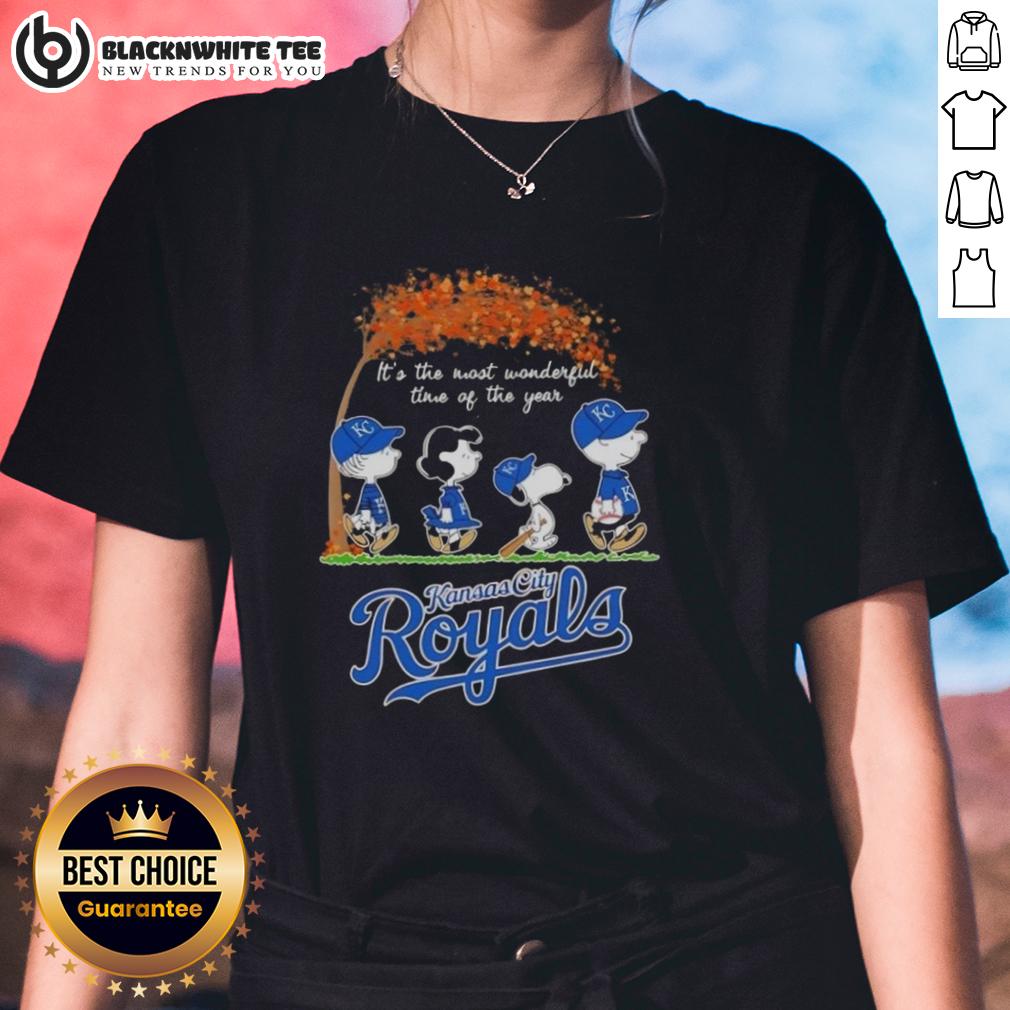 Awesome Kansas City Royals X Peanuts Snoopy And Friends Autumn It's The Most Wonderful Time Of The Year T-Shirt - Image 3