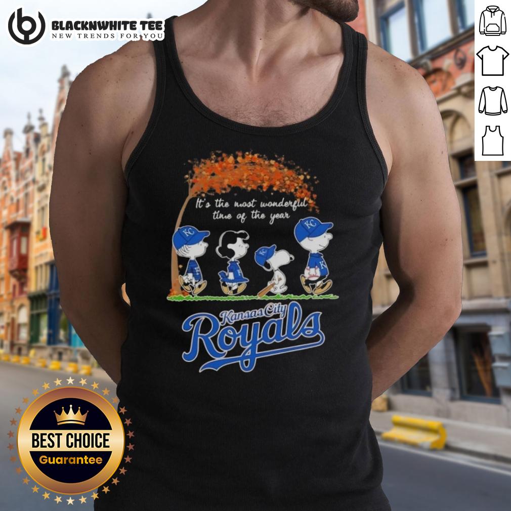 Awesome Kansas City Royals X Peanuts Snoopy And Friends Autumn It's The Most Wonderful Time Of The Year T-Shirt - Image 4