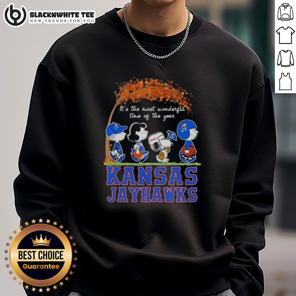 Awesome Kansas Jayhawks X Peanuts Snoopy And Friends Autumn It's The Most Wonderful Time Of The Year T-Shirt - Image 5