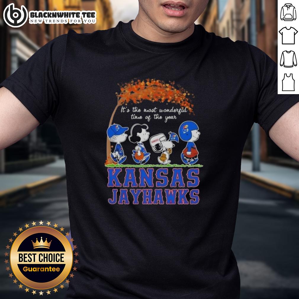Awesome Kansas Jayhawks X Peanuts Snoopy And Friends Autumn It's The Most Wonderful Time Of The Year T-Shirt