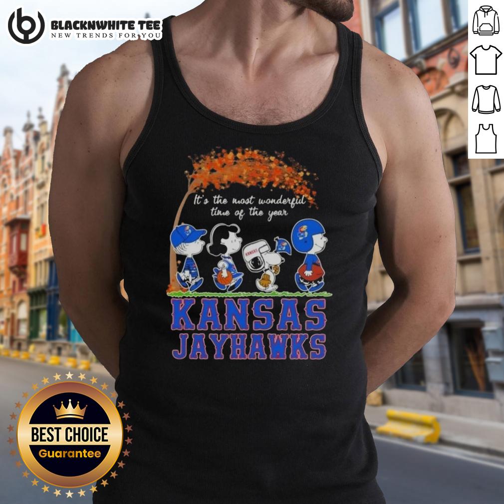 Awesome Kansas Jayhawks X Peanuts Snoopy And Friends Autumn It's The Most Wonderful Time Of The Year T-Shirt - Image 4