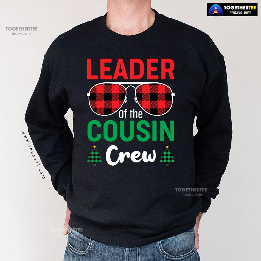 Leader Of The Cousin Crew Buffalo Plaid Sunglasses Christmas Tree Sweatshirt - Image 3