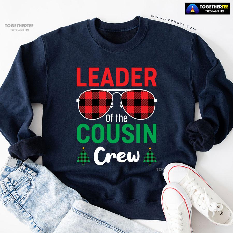 Leader Of The Cousin Crew Buffalo Plaid Sunglasses Christmas Tree Sweatshirt - Image 4
