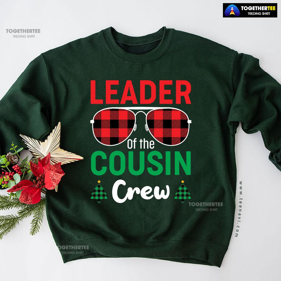 Leader Of The Cousin Crew Buffalo Plaid Sunglasses Christmas Tree Sweatshirt - Image 5