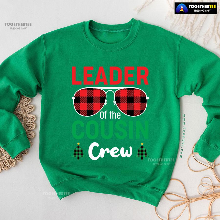 Leader Of The Cousin Crew Buffalo Plaid Sunglasses Christmas Tree Sweatshirt - Image 7
