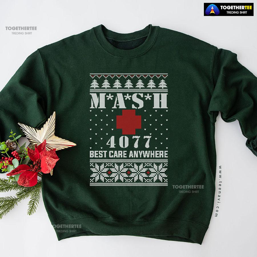 M*A*S*H 4077 Best Care Anywhere Ugly Christmas Sweatshirt - Image 5