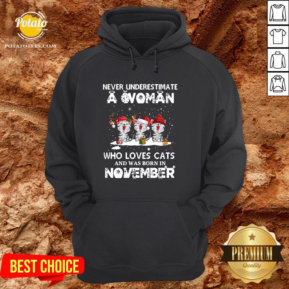 Hot Never Underestimate A Woman Who Loves Cats And Was Born In November Christmas Shirt - Image 5