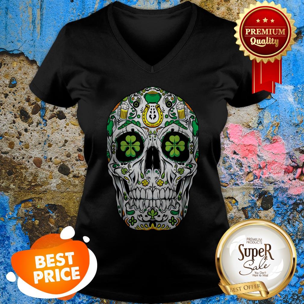 Nice Beautiful Sugar Skull St Patricks Day Of The Dead Women Shamrock Gifts Shirt - Image 3