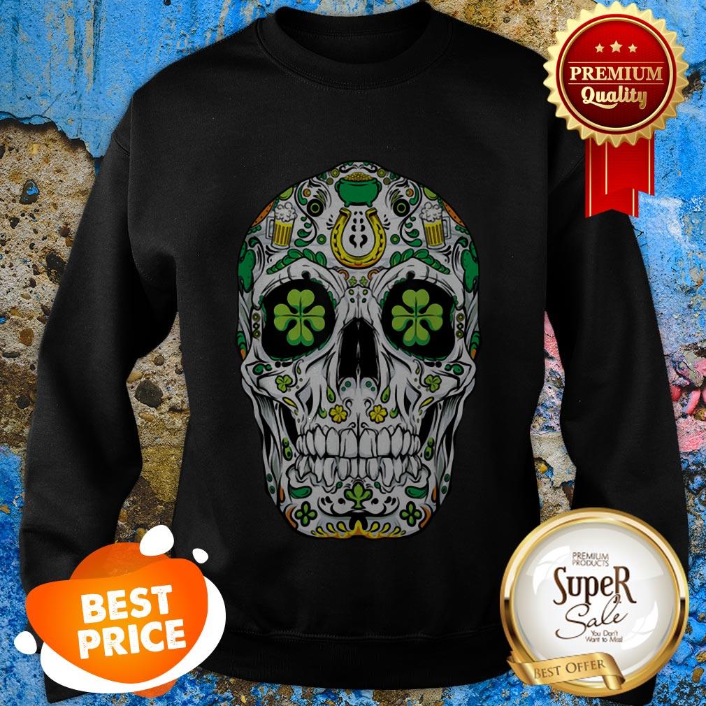 Nice Beautiful Sugar Skull St Patricks Day Of The Dead Women Shamrock Gifts Shirt - Image 4