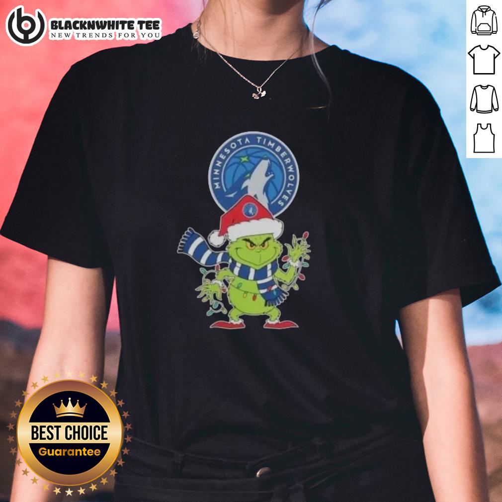 Awesome 2025 Minnesota Timberwolves Christmas Grinch Santa Hat Holiday T-Shirt - Image 3
