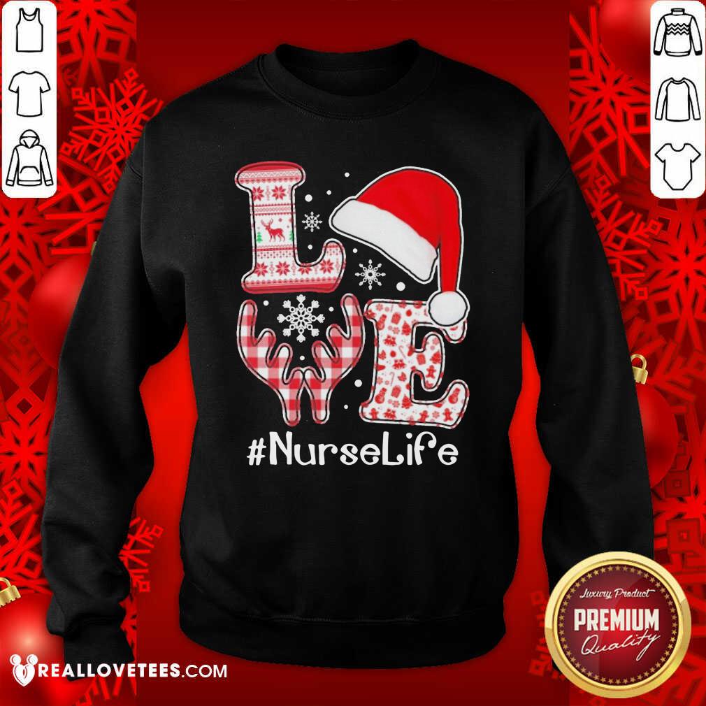 Funny Love Hat Santa And Reindeer #Nurselife Ugly Christmas Shirt - Image 3