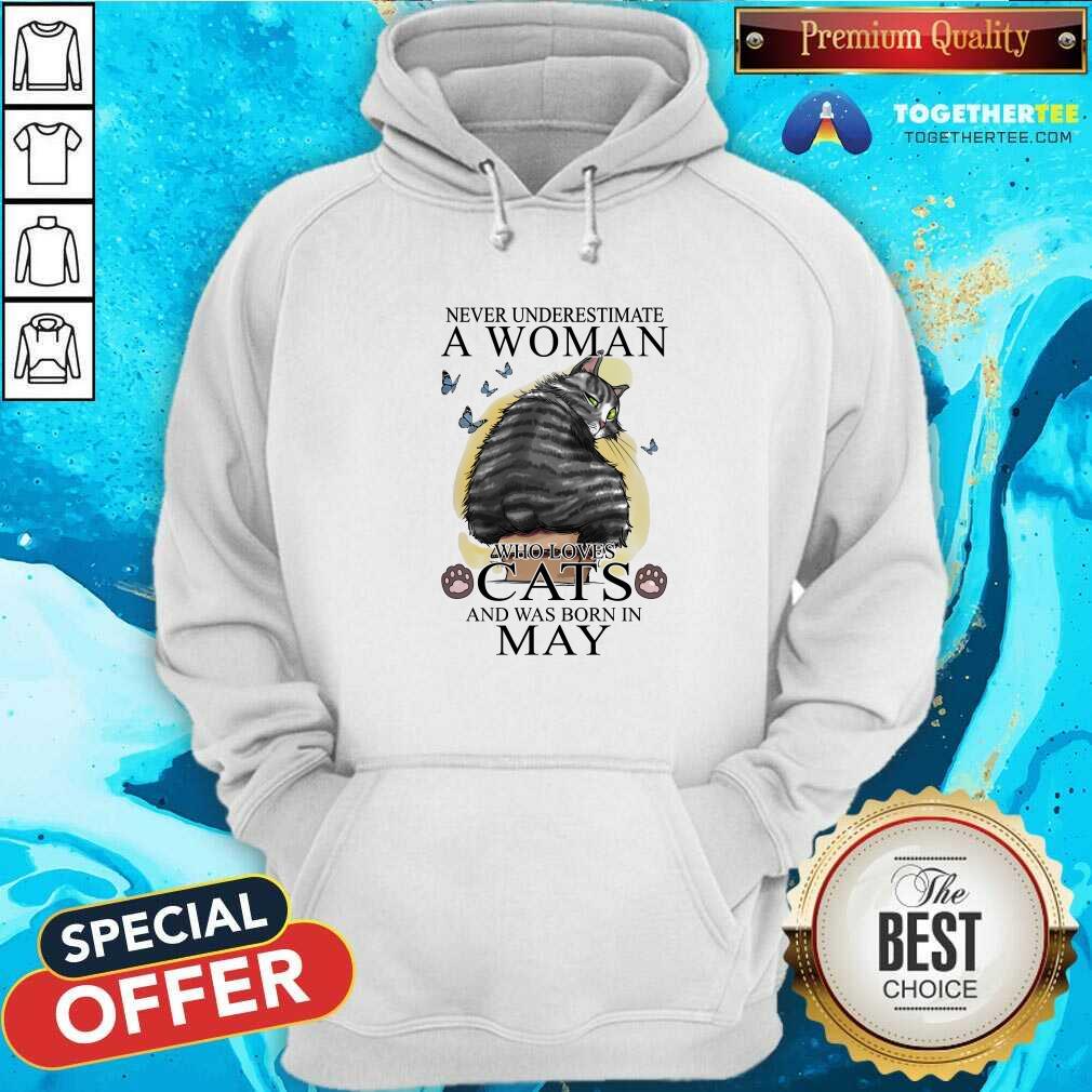 Nice Never Underestimate A Woman Who Loves Cats And Was Born In May Butterflies Shirt - Image 5