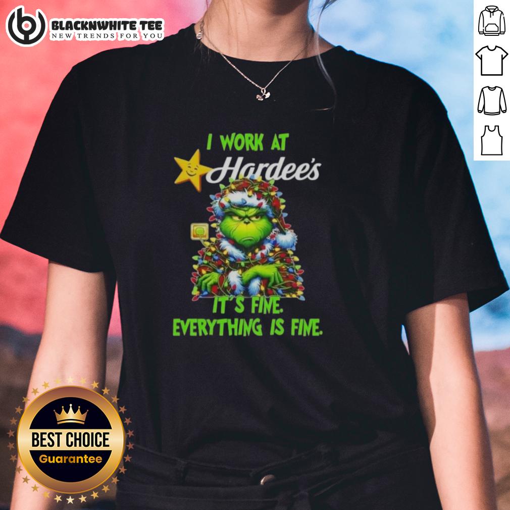 Top Grinch Christmas Tree X Hardee's I Work At It's Fine Everything Is Fine T-Shirt - Image 3