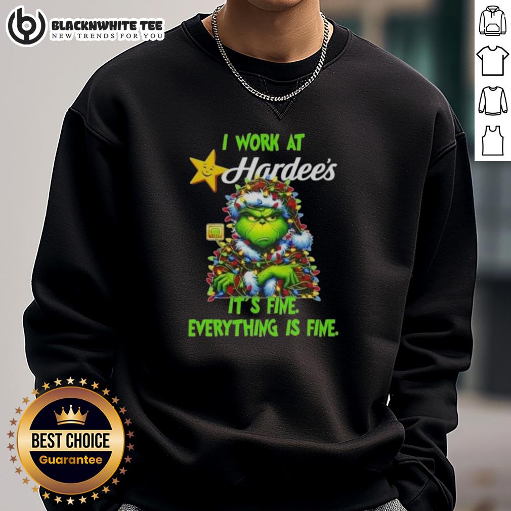 Top Grinch Christmas Tree X Hardee's I Work At It's Fine Everything Is Fine T-Shirt - Image 5