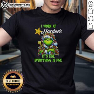 Top Grinch Christmas Tree X Hardee's I Work At It's Fine Everything Is Fine T-Shirt