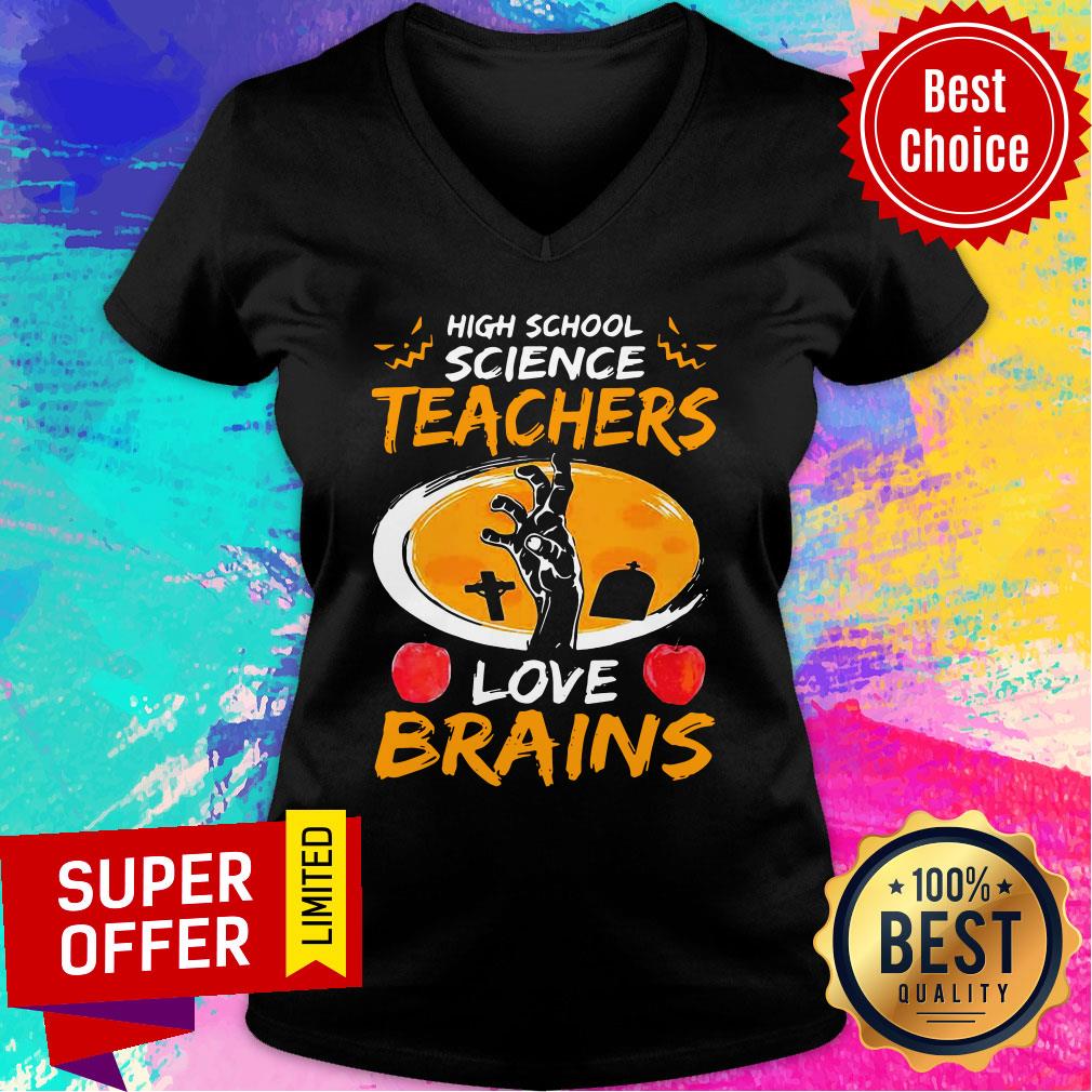 High School Science Teachers Love Brains Apple Halloween Shirt - Image 3