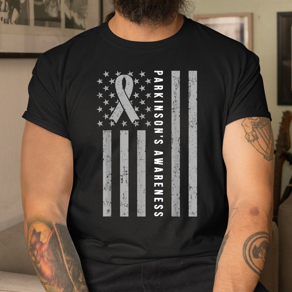 Parkinsons Awareness Ribbon Gray Parkinsons Disease Flag Shirt - Image 3
