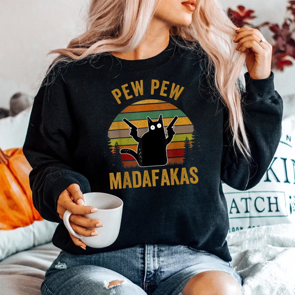 Pew Madafakas Pew Guns Funny Black Cat Shirt - Image 2