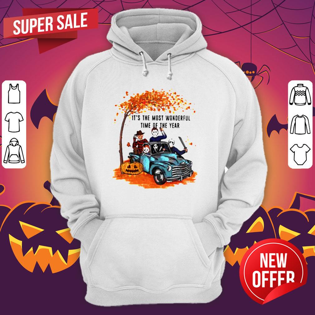 Halloween Horror Characters Riding Car Its The Most Wonderful Time Of The Year Leaves Tree Shirt - Image 4
