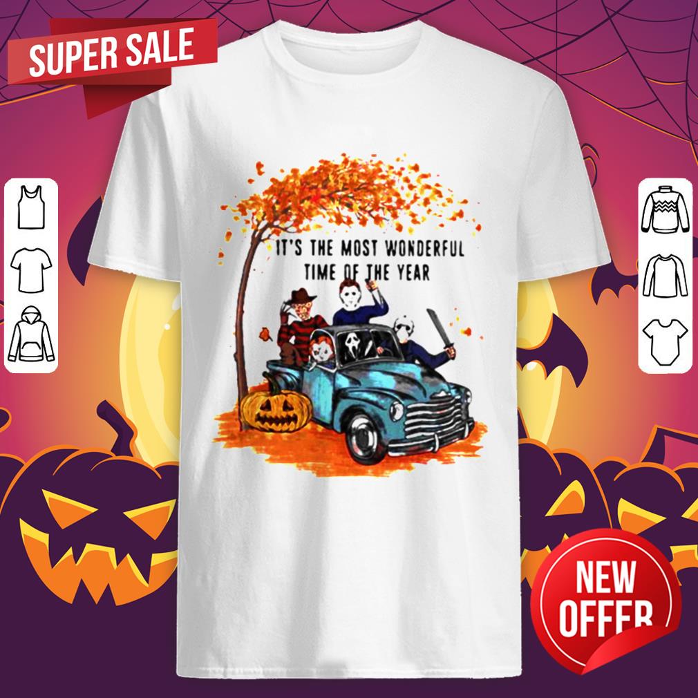 Halloween Horror Characters Riding Car Its The Most Wonderful Time Of The Year Leaves Tree Shirt