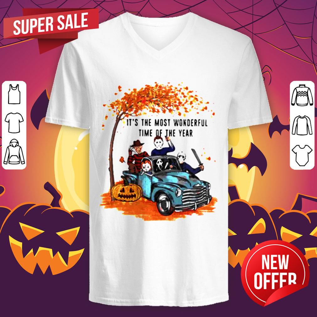 Halloween Horror Characters Riding Car Its The Most Wonderful Time Of The Year Leaves Tree Shirt - Image 3