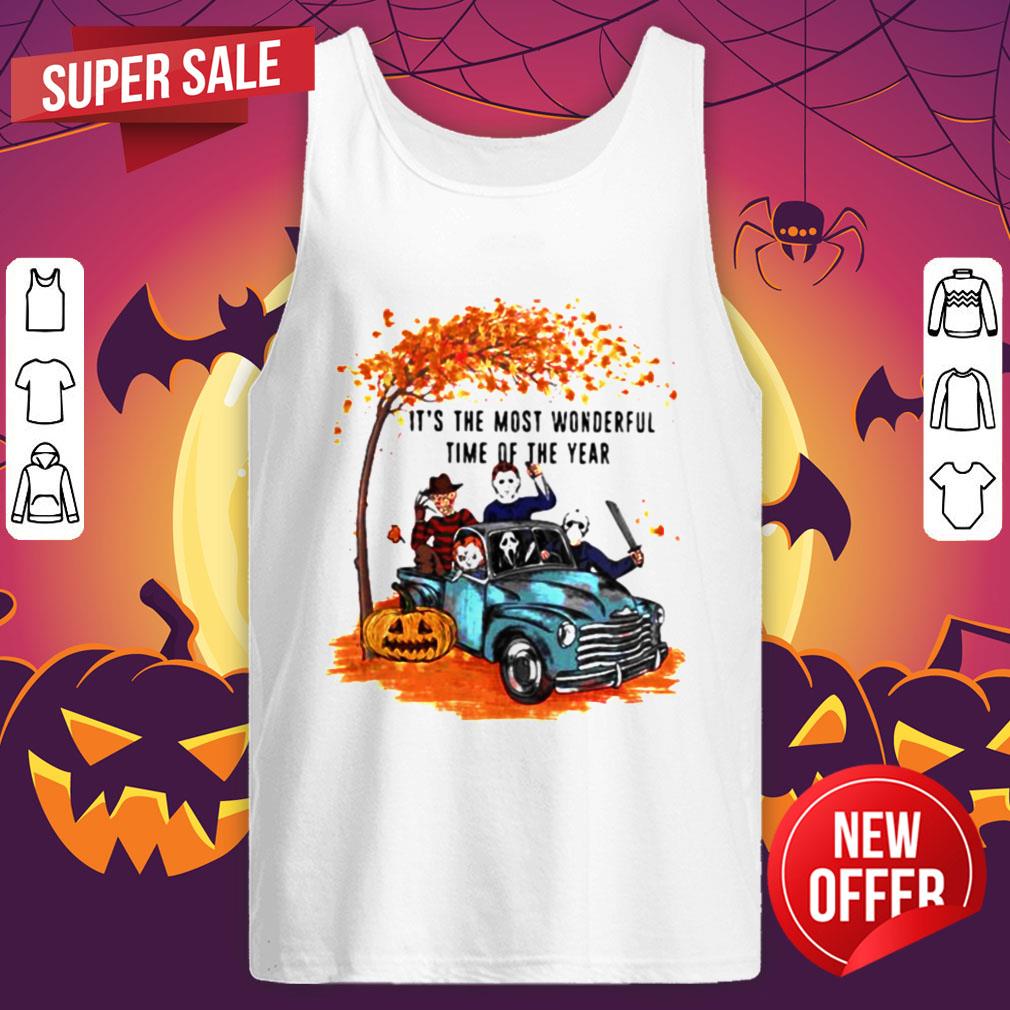 Halloween Horror Characters Riding Car Its The Most Wonderful Time Of The Year Leaves Tree Shirt - Image 5