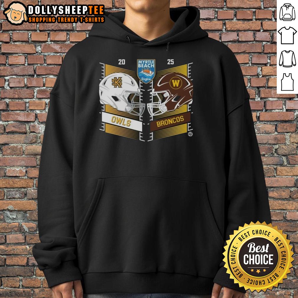 Original Kennesaw State Owls Vs Western Michigan Broncos 2025 Myrtle Beach Bowl Head To Head Helmet T-Shirt - Image 2
