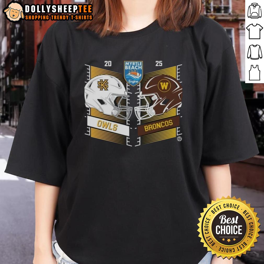 Original Kennesaw State Owls Vs Western Michigan Broncos 2025 Myrtle Beach Bowl Head To Head Helmet T-Shirt - Image 3