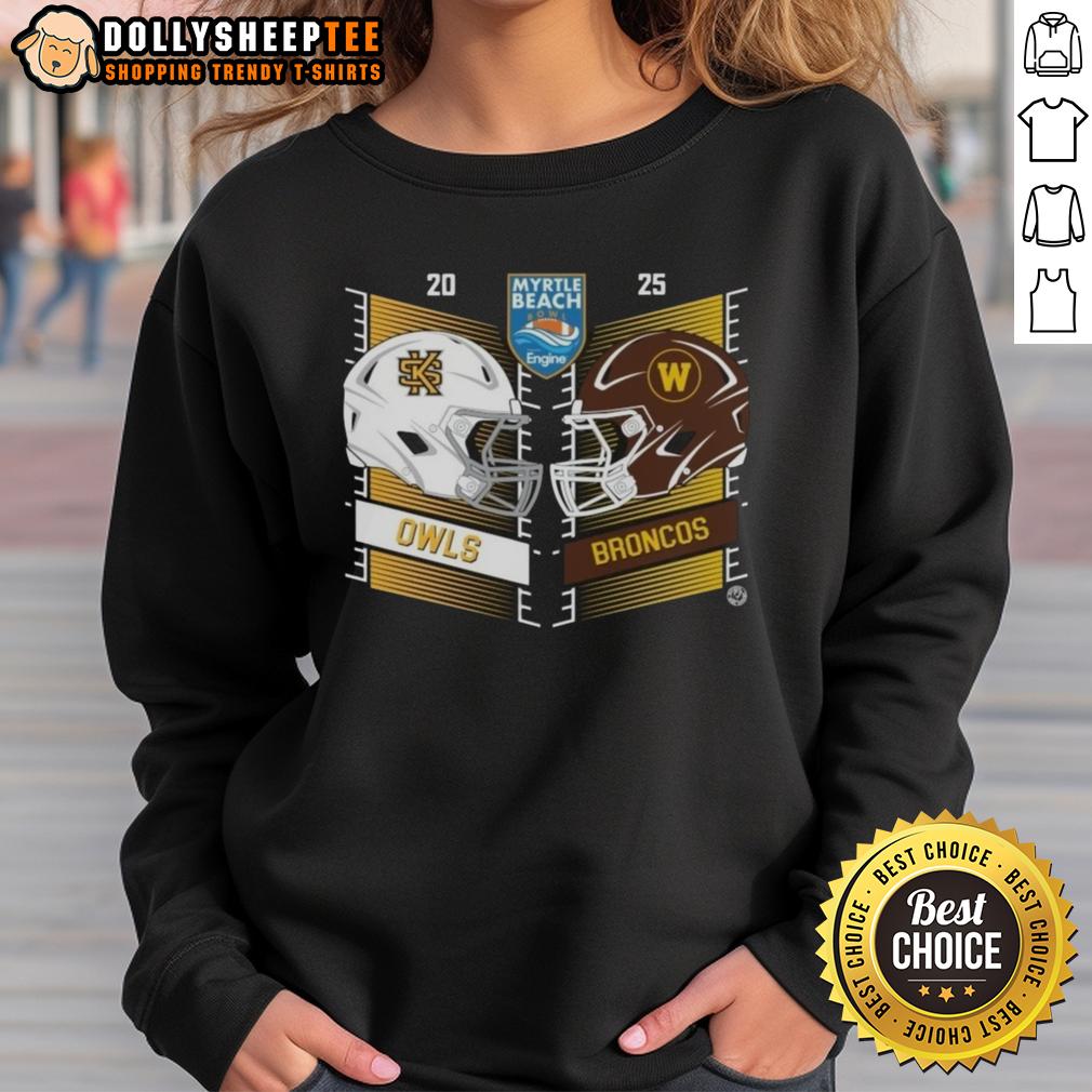 Original Kennesaw State Owls Vs Western Michigan Broncos 2025 Myrtle Beach Bowl Head To Head Helmet T-Shirt - Image 5