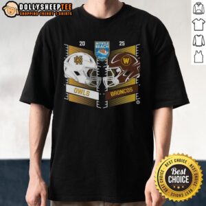 Original Kennesaw State Owls Vs Western Michigan Broncos 2025 Myrtle Beach Bowl Head To Head Helmet T-Shirt