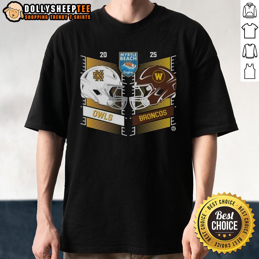 Original Kennesaw State Owls Vs Western Michigan Broncos 2025 Myrtle Beach Bowl Head To Head Helmet T-Shirt