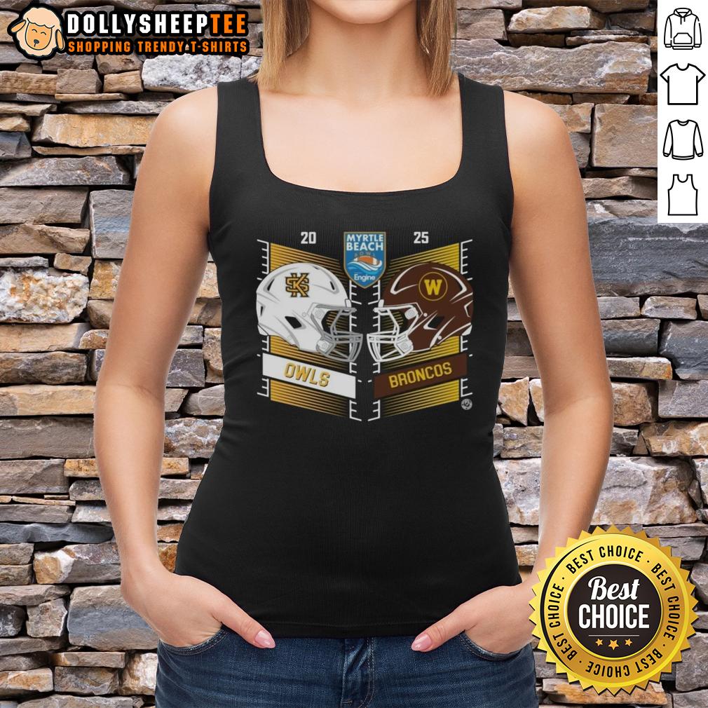 Original Kennesaw State Owls Vs Western Michigan Broncos 2025 Myrtle Beach Bowl Head To Head Helmet T-Shirt - Image 4