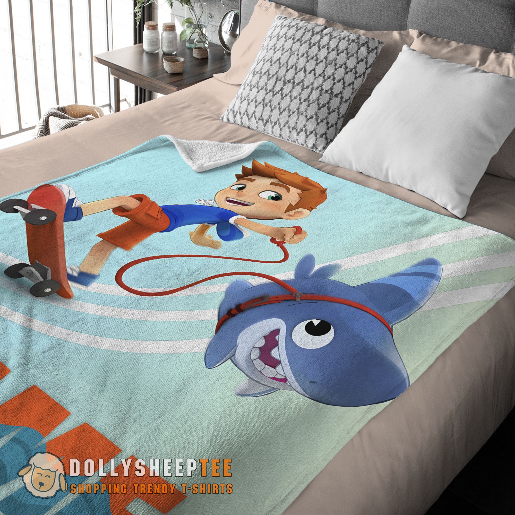 Hot Cute Catoon Sharkdog Sharkdog And Max Skateboarding Blanket Fleece Customized Blanket - Image 2