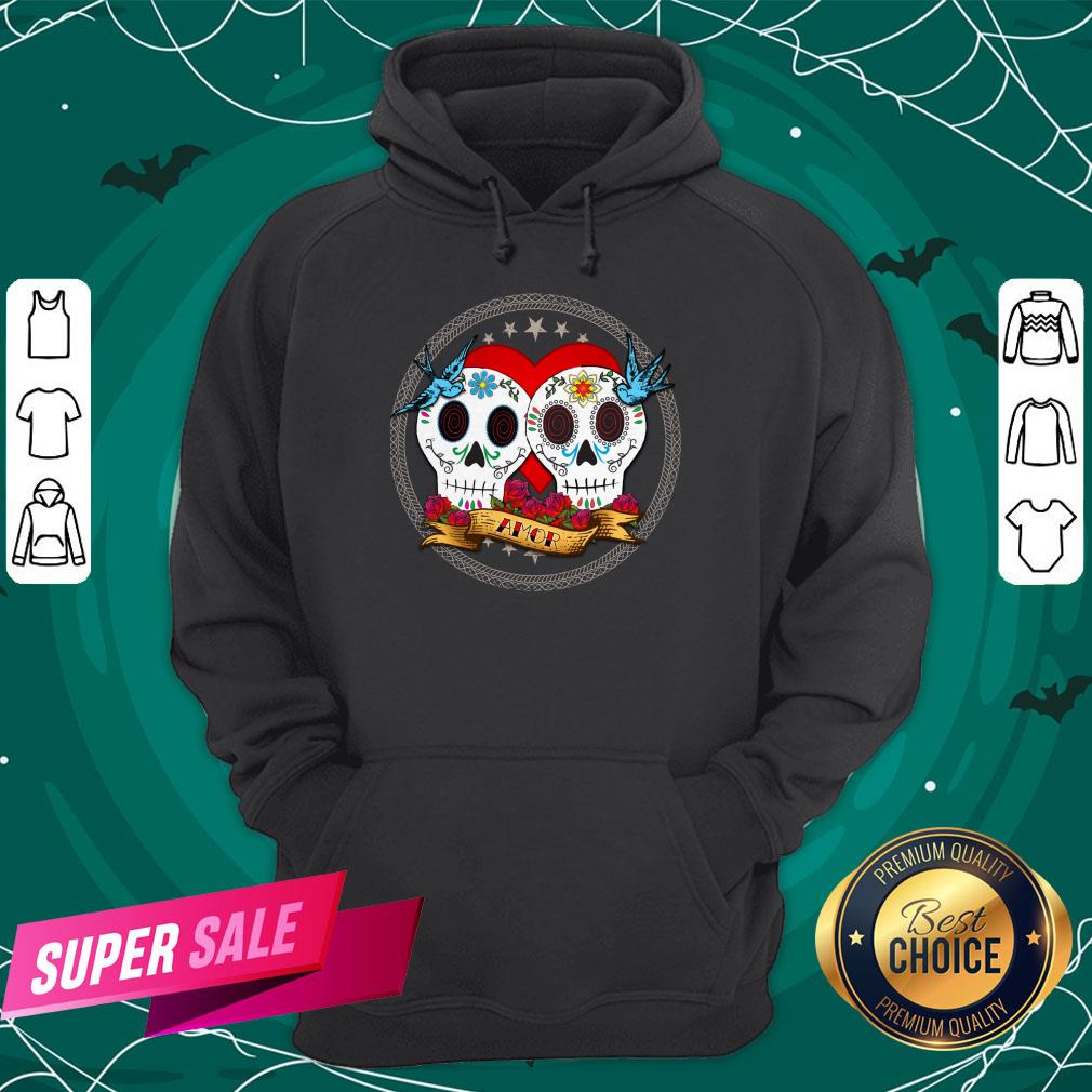 Amor Sugar Skull Couple Dia De Muertos Shirt - Image 5
