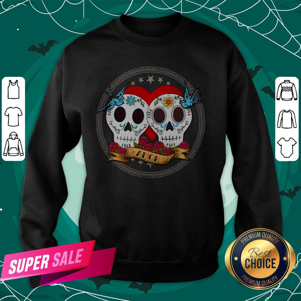 Amor Sugar Skull Couple Dia De Muertos Shirt - Image 4