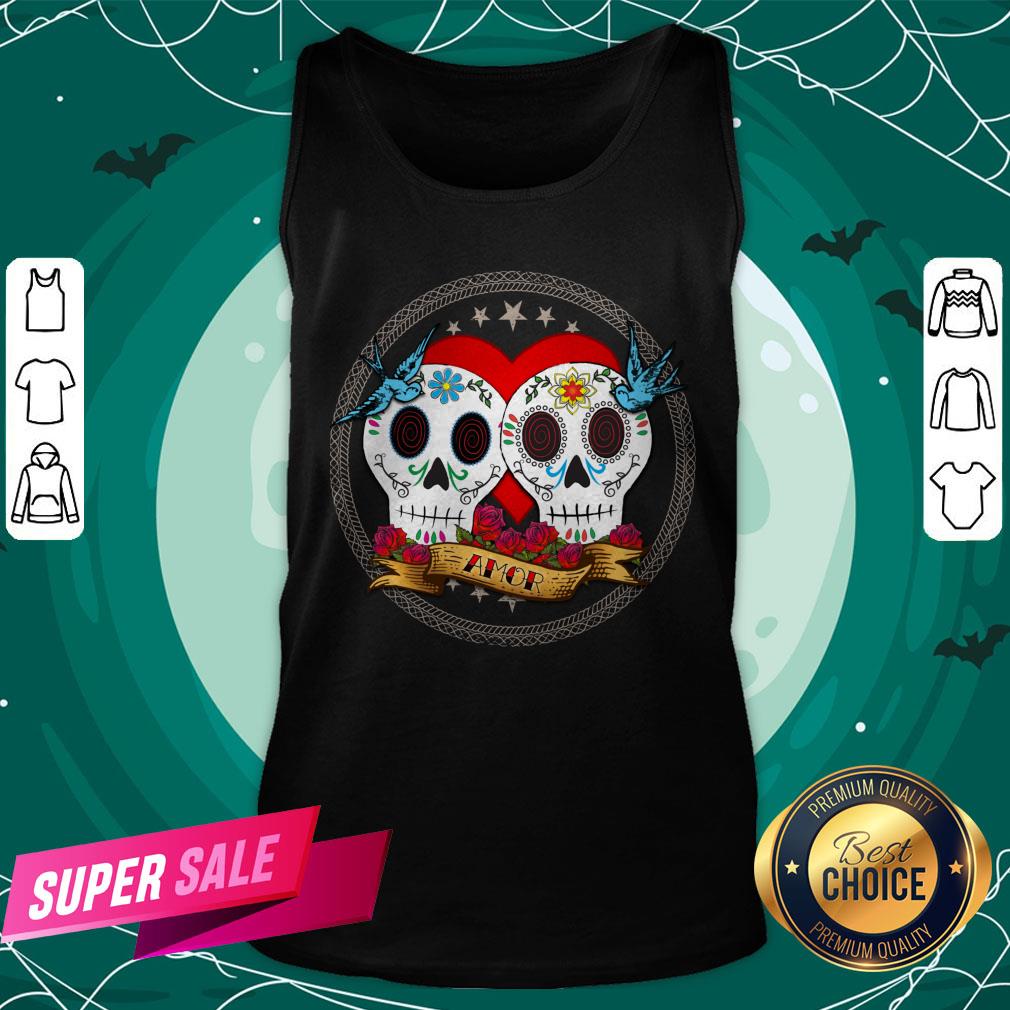 Amor Sugar Skull Couple Dia De Muertos Shirt - Image 3