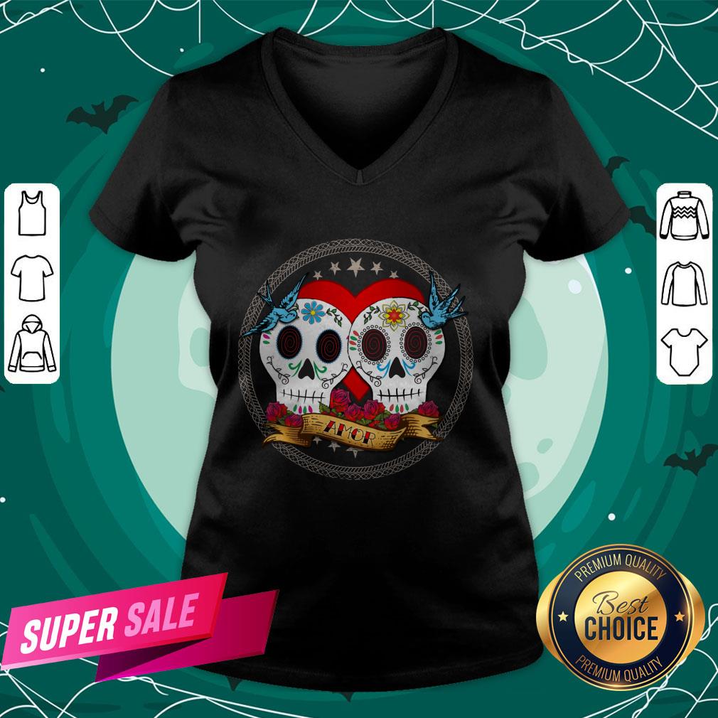 Amor Sugar Skull Couple Dia De Muertos Shirt - Image 2