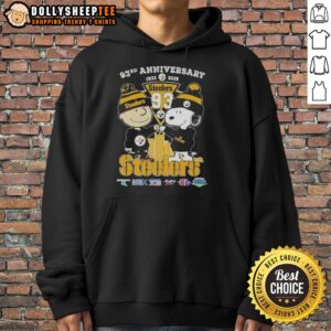 Alternative view of Hot Charlie Brown And Snoopy Super Bowl 93rd Anniversary 1933 2026 Pittsburgh Steelers Football Skyline T-Shirt