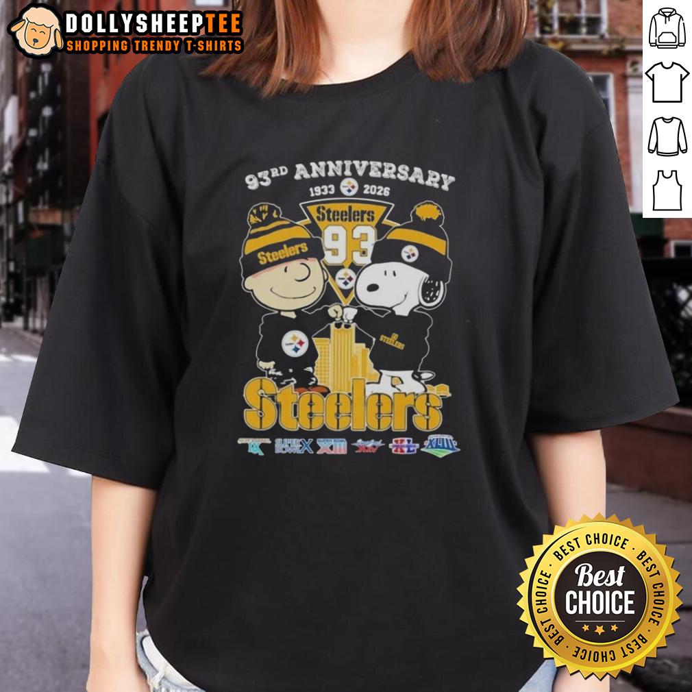 Hot Charlie Brown And Snoopy Super Bowl 93rd Anniversary 1933 2026 Pittsburgh Steelers Football Skyline T-Shirt - Image 3