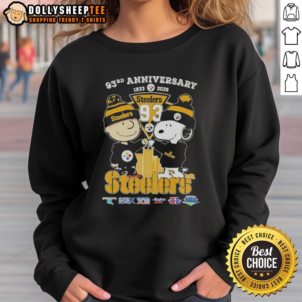 Hot Charlie Brown And Snoopy Super Bowl 93rd Anniversary 1933 2026 Pittsburgh Steelers Football Skyline T-Shirt - Image 5