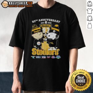 Hot Charlie Brown And Snoopy Super Bowl 93rd Anniversary 1933 2026 Pittsburgh Steelers Football Skyline T-Shirt