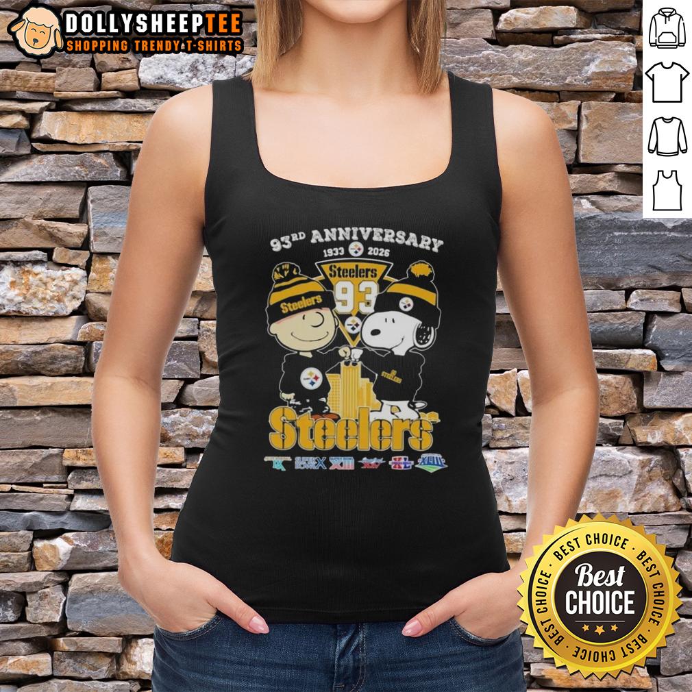 Hot Charlie Brown And Snoopy Super Bowl 93rd Anniversary 1933 2026 Pittsburgh Steelers Football Skyline T-Shirt - Image 4