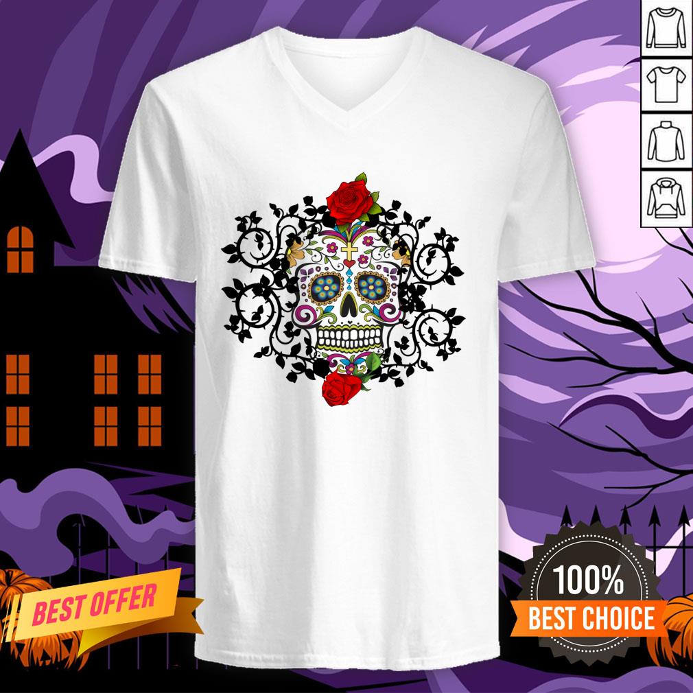 Sugar Skull Roses Day Of Dead Dia De Muertos Vintage Shirt - Image 2